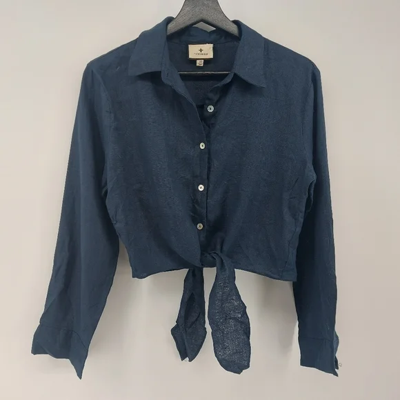 Tuckernuck Navy Linen Tie-Front Rebecca Shirt Size XS - Picture 2 of 5